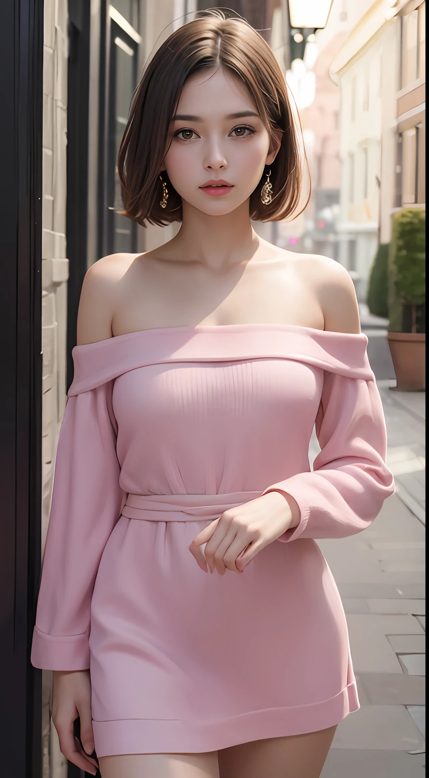 Best Quality, Masterpiece, Ultra High Resolution, (Realisticity: 1.4), Original Photo, 1girl, Pink Off-the-Shoulder, Cinematic Lighting