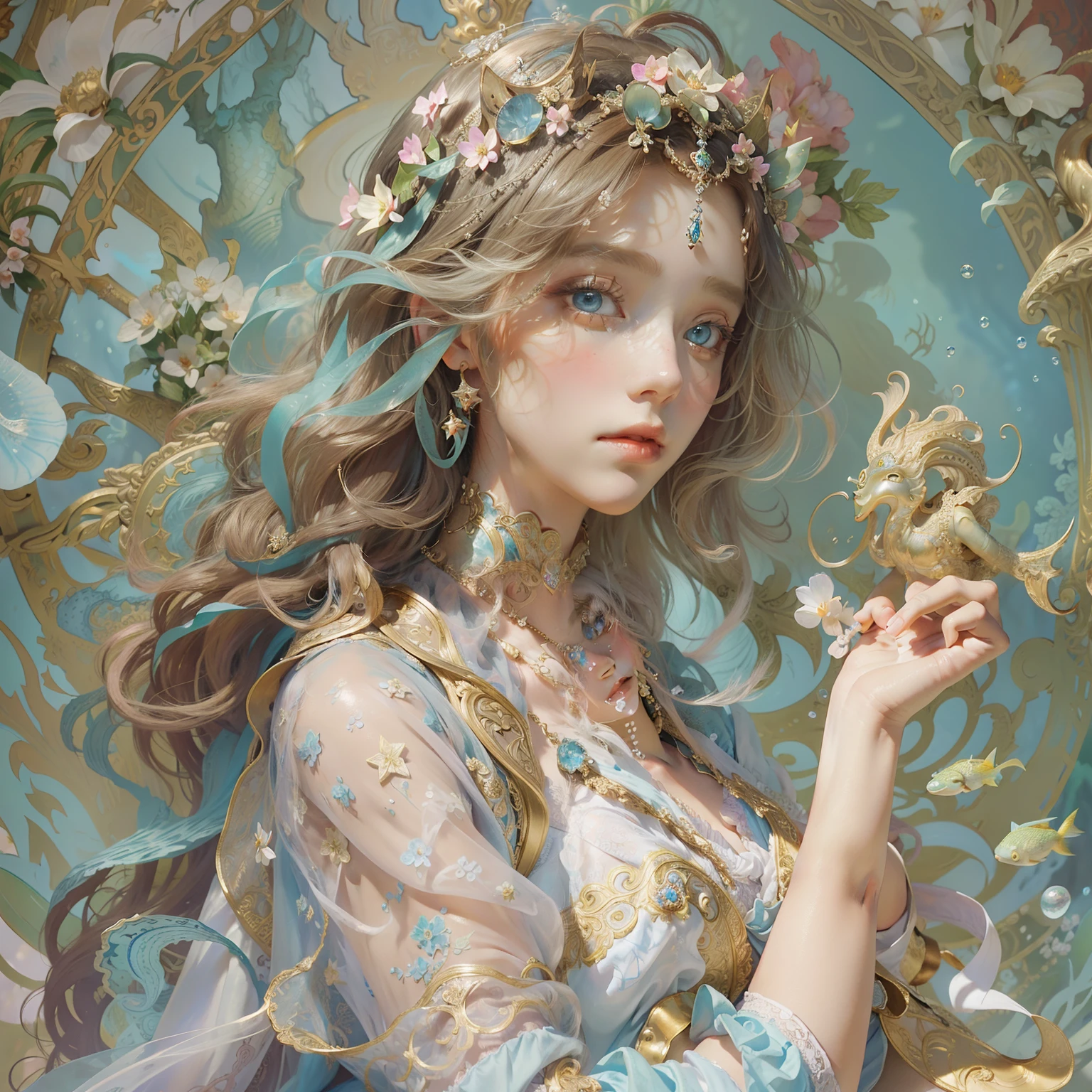 (drawing by alfons mucha, girl, masterpiece, rococo dress, intricate ornate, baroque, long curly hair, hyperdetailed, queen, art noveau, royal dress)0.78, beauty, lichen, lace, (fish)1.2, underwater, bubbles, coral, starfish, conch, pale blue eyes,