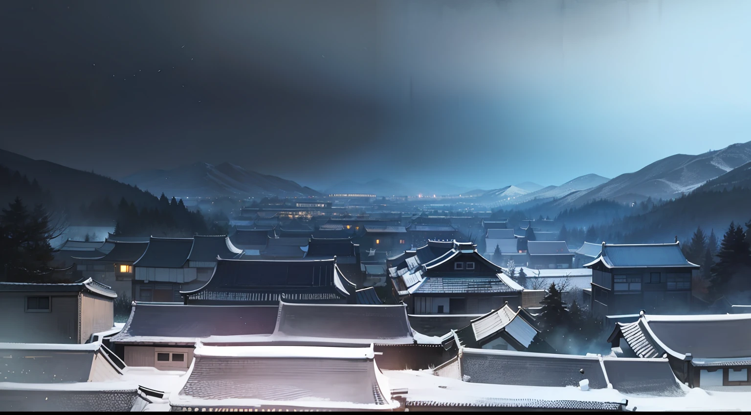 Ancient Chinese suburban environment，Pitch black night，Desolate mountain forests，Upside down environment