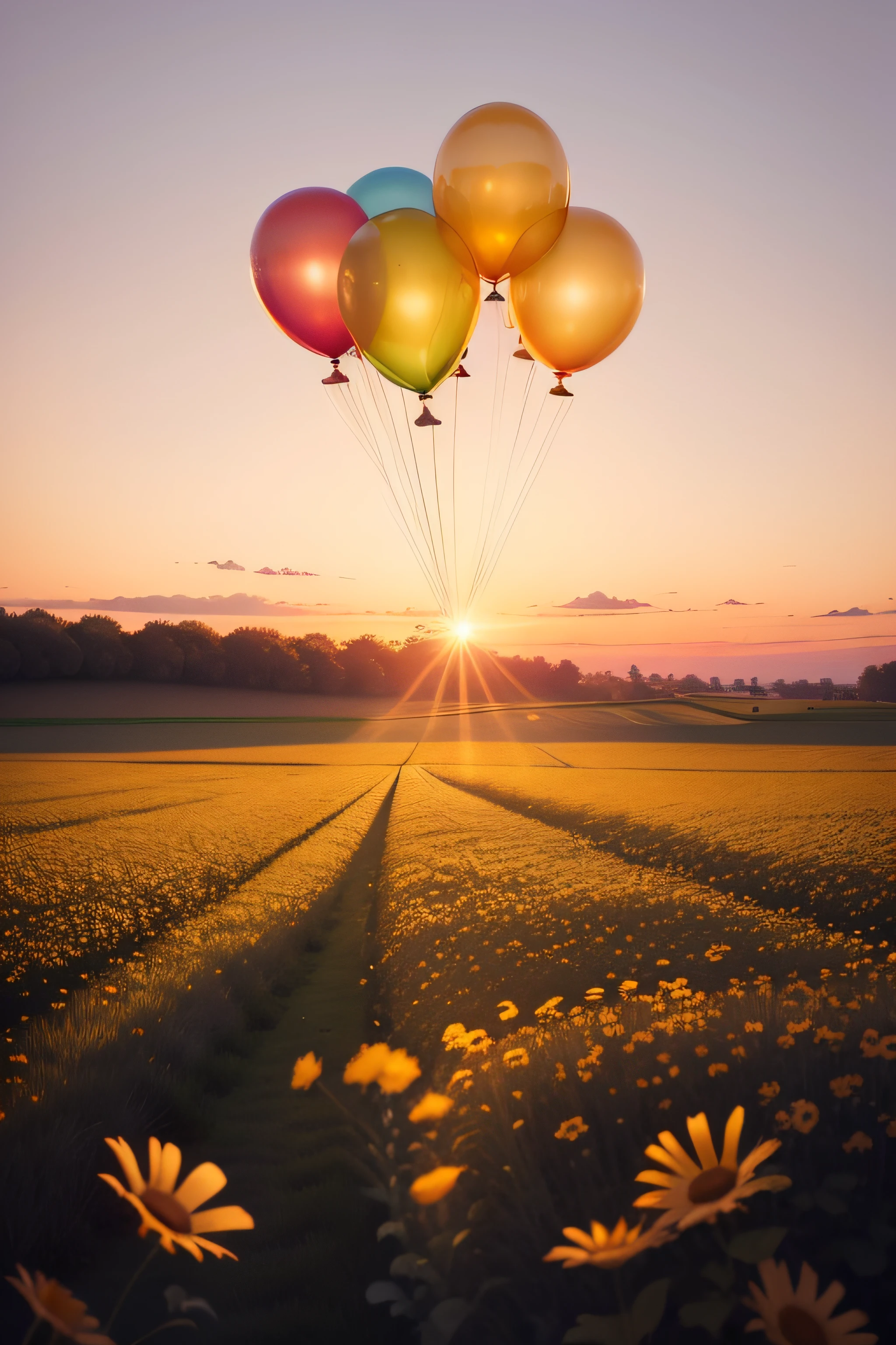 Balloons in the air, in soft dreamy light at sunset,  in the golden hour, at a beautiful sunset, in a field with flowers,  With sunset,