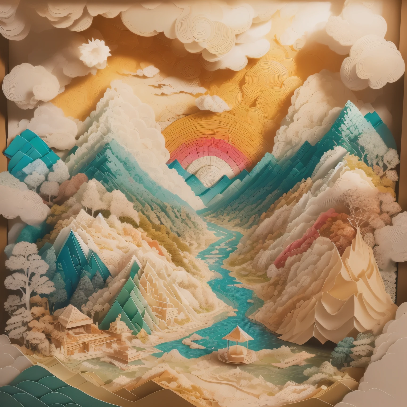 (sandbox:1.4),Movie Angle,(Sun, White clouds, Mountains, ln the forest, rivers),(paper art,Quilted paper art,geomerty),(Extremely colorful, Best quality, high detal, Masterpiece, Cinematic lighting, 4K, Chiaroscuro)
