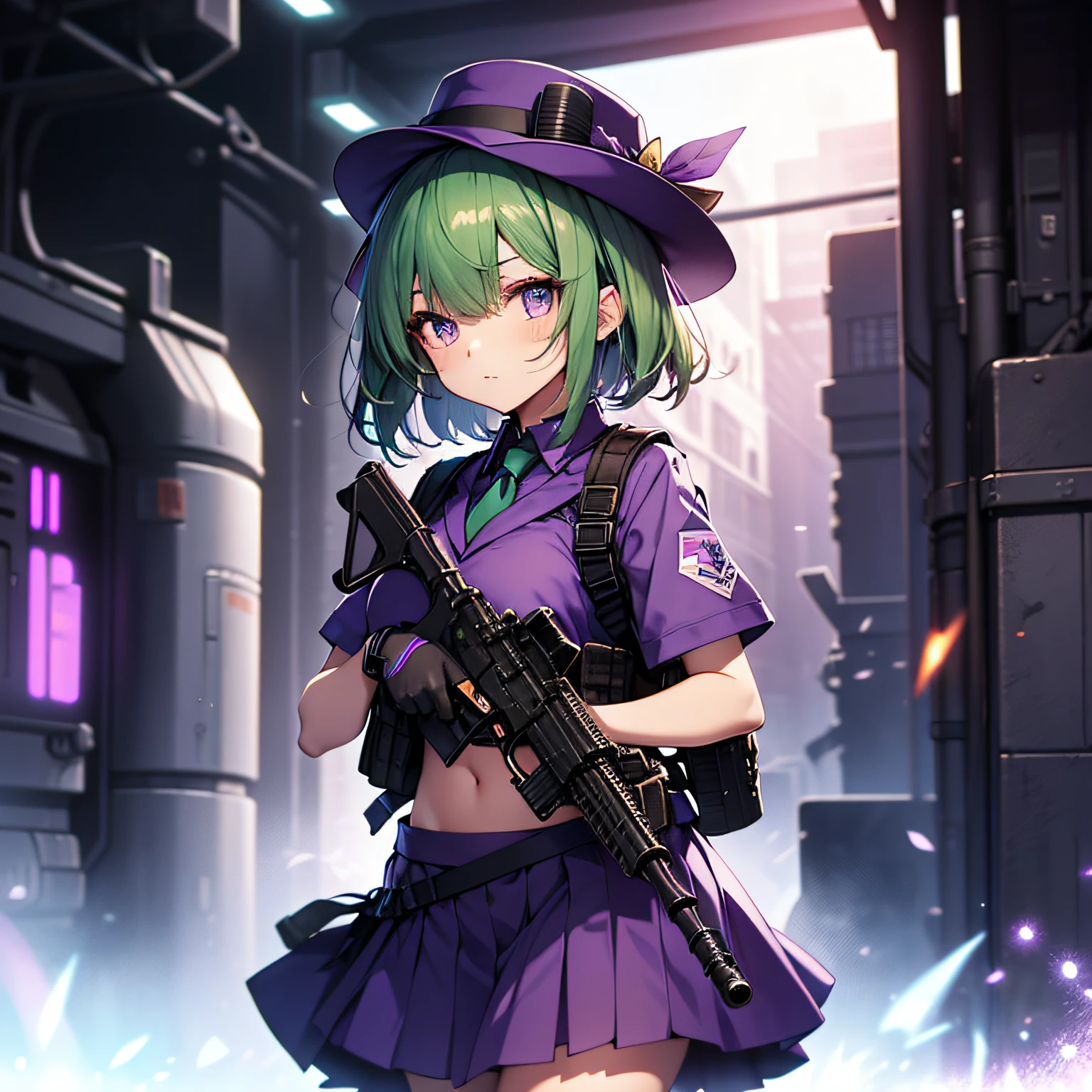 top-quality、extremely delicate and beautiful、(A girl)、Purple Eye、Green hair、short-haired、(Purple pointy hat)、Purple tie、Soio、shortsleeves、Purple skirt、Navel,Tactical Vest、shortsleeves、Purple skirt、((Holding a submachine gun in both hands))、Midnight background、is standing