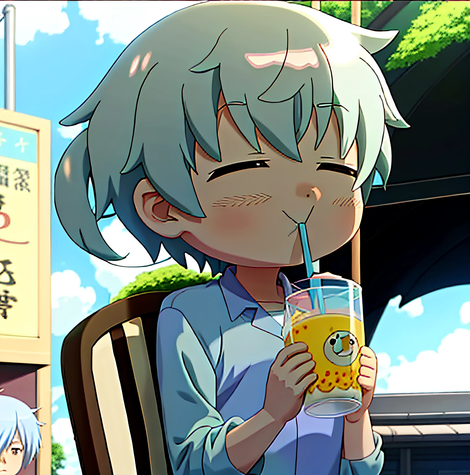 Anime boy drinks with a straw in his mouth, ginko showing a new mushi, In the anime, animated still, in the anime film, Today's featured anime stills, Cute anime, shuushuu anime image, anime still frame, Anime screencap, still from tv anime, with a straw, Cute scene, anime girls drink Energy drink