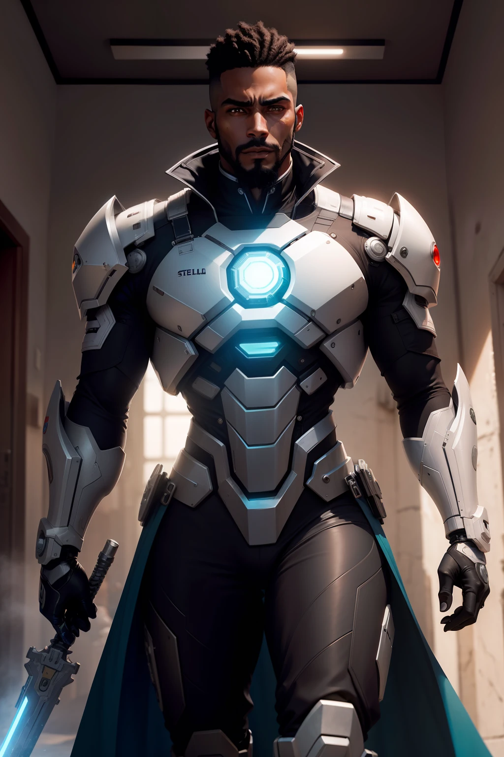 Dark_Fantasy, Cyberpunk,Black Man, skipper, Policia Militar, barba tipo cavanhaque, cabelos brancos, mechanical marvel, rosto naturalmente envelhecido, homem idade 40 anos, robotic presence, cybernetic guardian, wearing a white mechanical doctor's suit, intrincado, (steel metal [enferrujado]), elegante, foco claro , soft-lighting, cores vibrantes, obra-prima, ((rua)), dinamic pose, wielding a sword in his left hand, simbolo da medicina no uniforme.