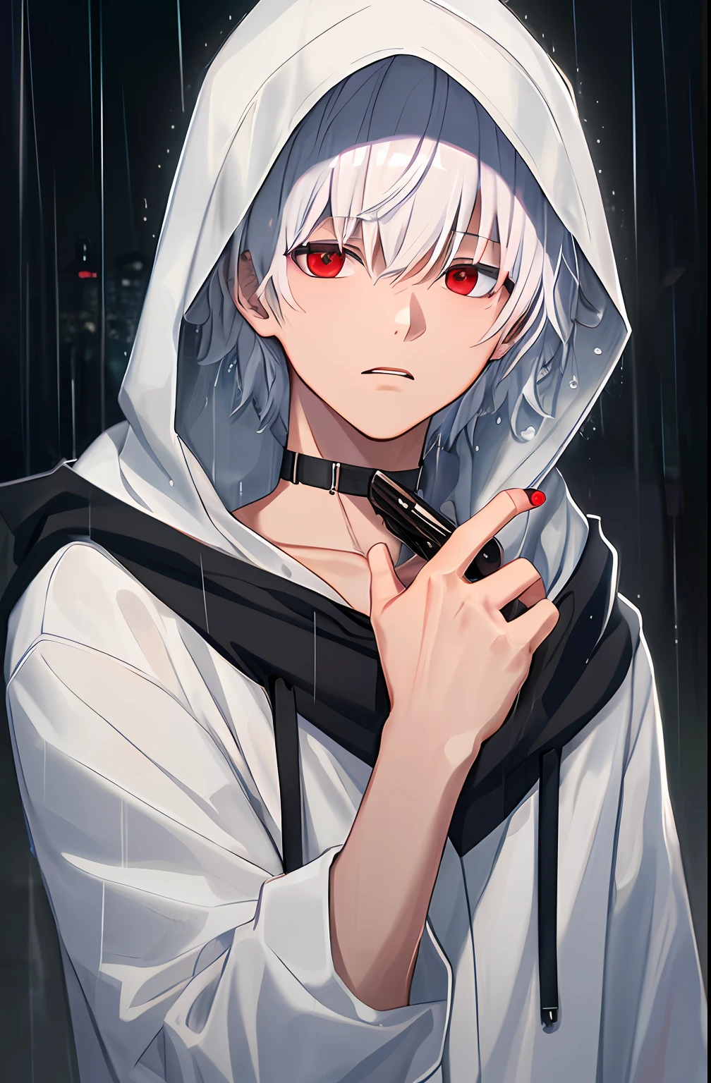 kk, best quality, more details, masterpiece, 1boy, kaneki ken, portrait, male focus, red eyes, solo, bangs, looking at viewer, hood, short hair, rain, tokyo tokyo \(city\), hood up, nail polish, white hair, luxurious, 8k, detailed, ray tracing, depth of field, cinematic lighting,