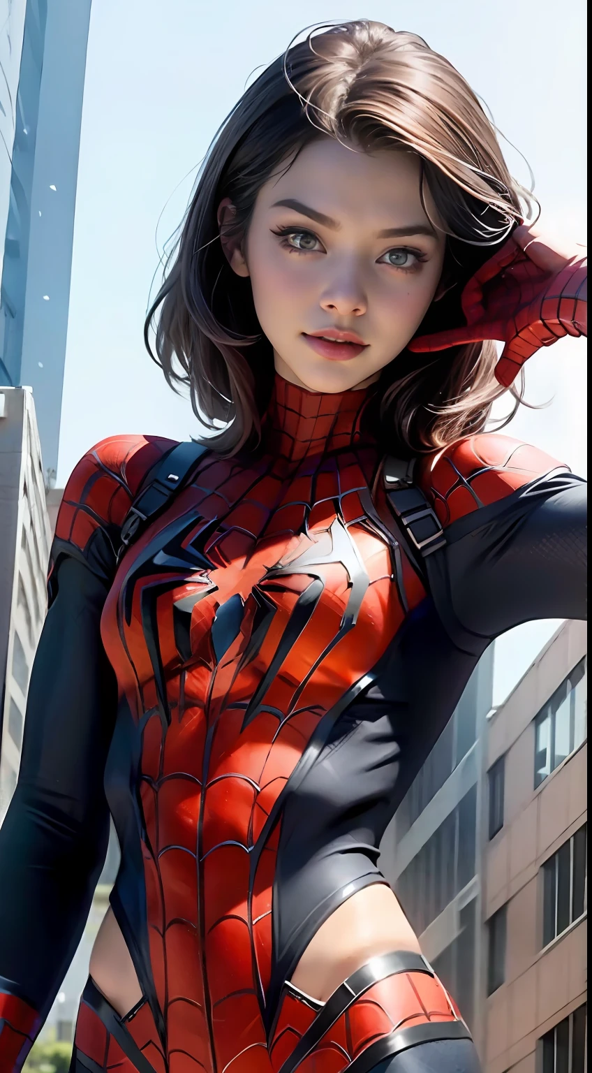 Beautiful woman detailed defined body using spider man cosplay, small breasts