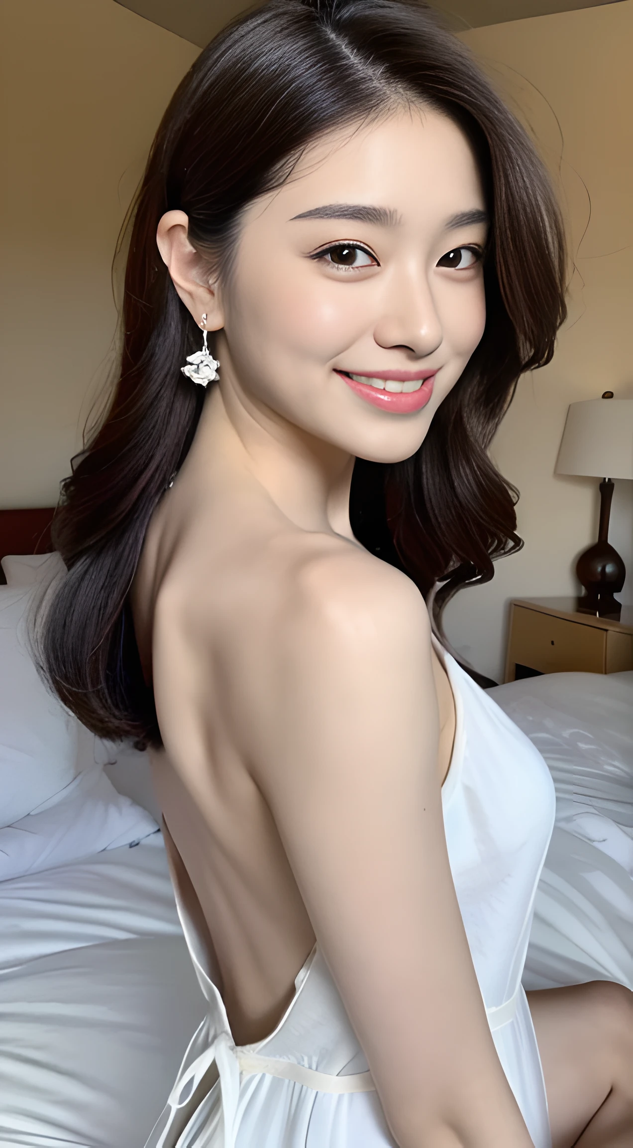 A young and beautiful,Beautiful cute girl,half-body photo。Extremely beautiful and delicate,Black color hair,A sweet smile,Delicate and beautiful fair skin,Realistic and realistic,exquisite and complete facial features,Detailed depiction of the face,tall nose bridge,Smooth hair,extremely detail hair,Feminine temperament,with a well-proportioned body,Realiy,White teeth,Tied up with hair,Hyper-realism,sandals,Extreme picture quality,Highest precision,Precise and perfect human anatomy。with blue sky and white clouds,rays of sunshine,(Backless nightdress)On the bed in the bedroom(telephoto shot,)Highlight portrait。Wearing earrings,Sideways photo