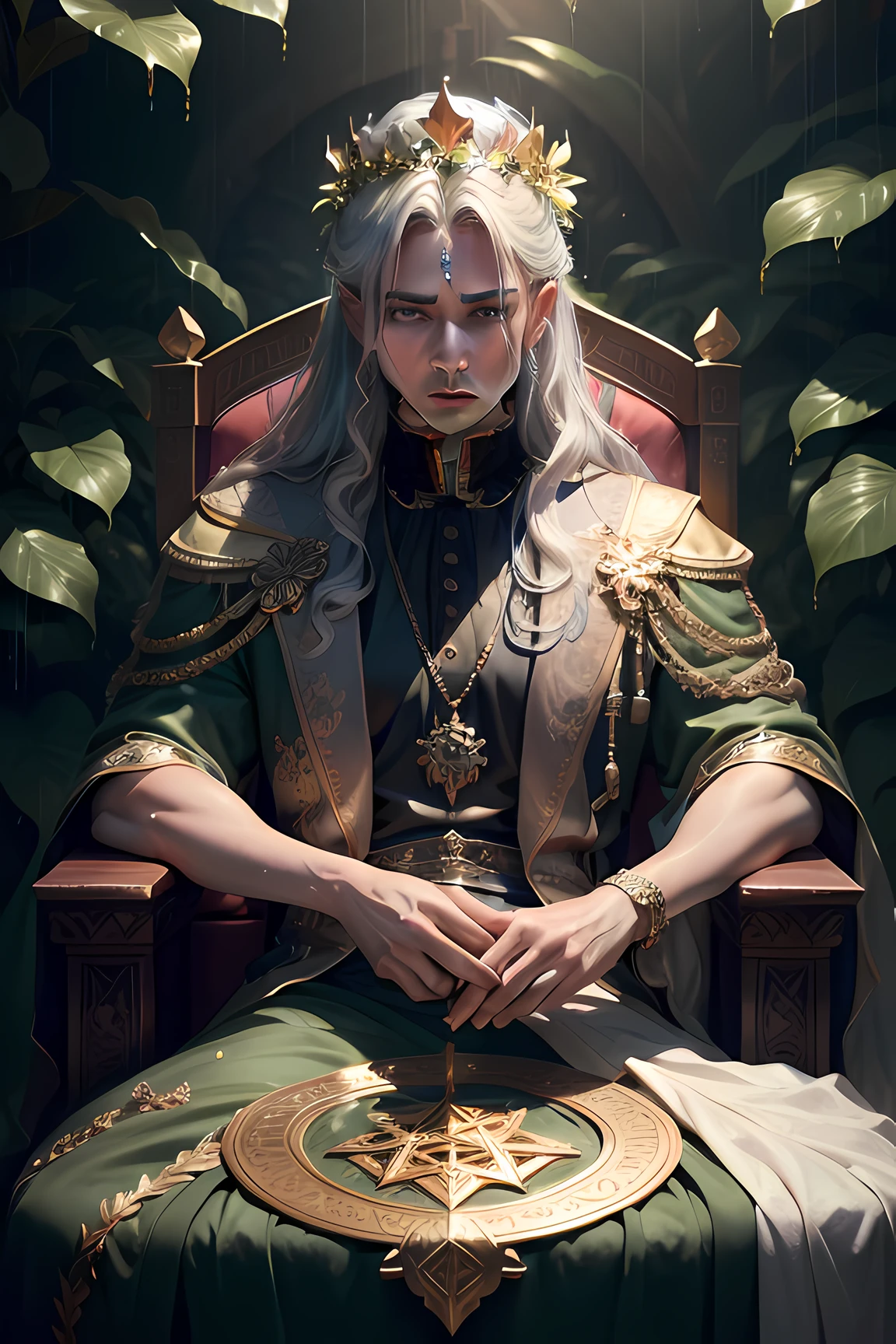 a man sitting on his royal throne surrounded by plants, wearing a gold crown with gold jewlery, had a gold wand in his left hand, golden pentacle coin in other hand, photorealistic, best quality, masterpiece, rainy graveyard, spirit dark theme