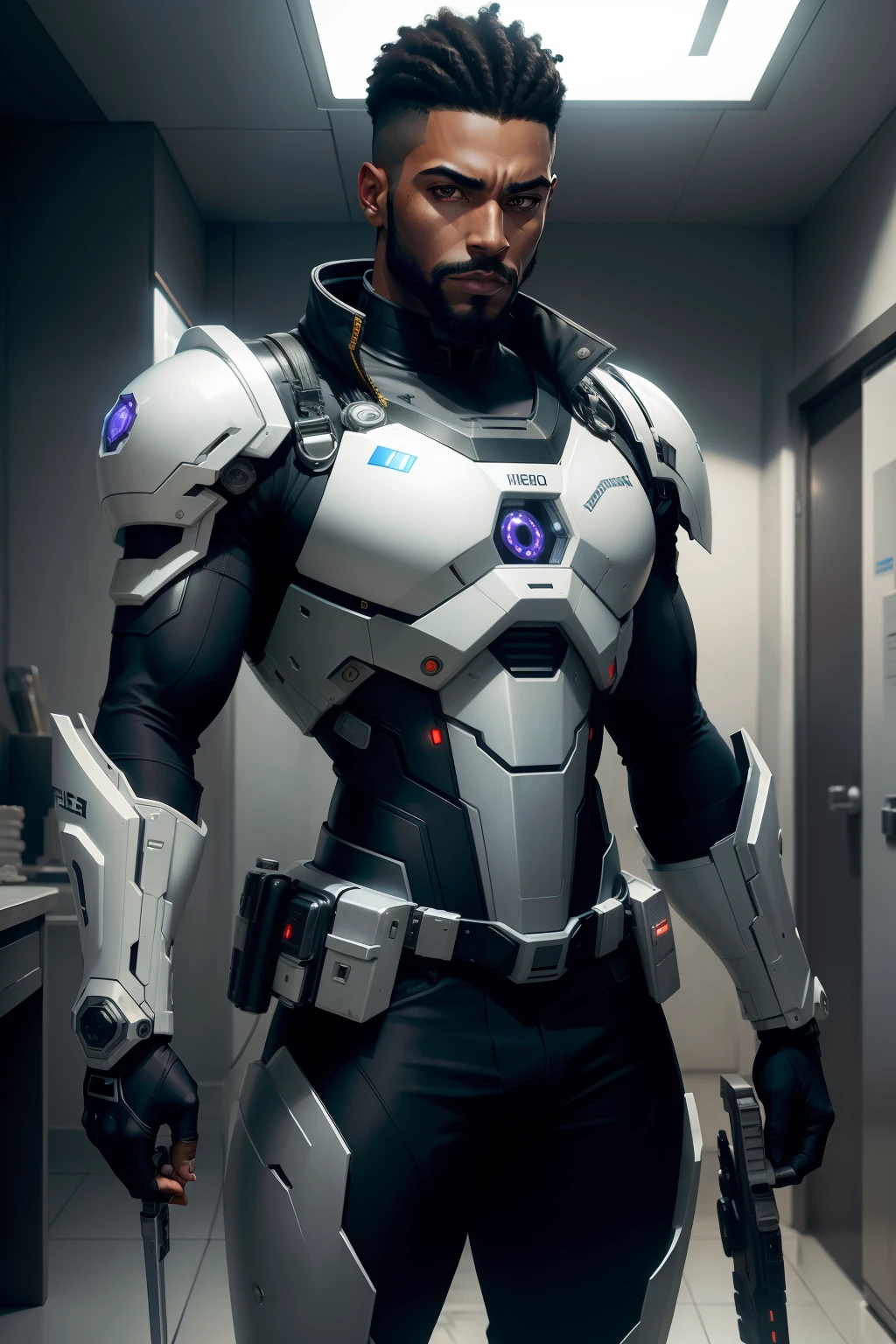 Dark_Fantasy, Cyberpunk,Black Man, skipper, Policia Militar, barba tipo cavanhaque, cabelos brancos, mechanical marvel, rosto naturalmente envelhecido, homem idade 40 anos, robotic presence, cybernetic guardian, wearing a white mechanical doctor's suit, intrincado, (steel metal [enferrujado]), elegante, foco claro , soft-lighting, cores vibrantes, obra-prima, ((rua)), dinamic pose, wielding a sword in his left hand, simbolo da medicina no uniforme.