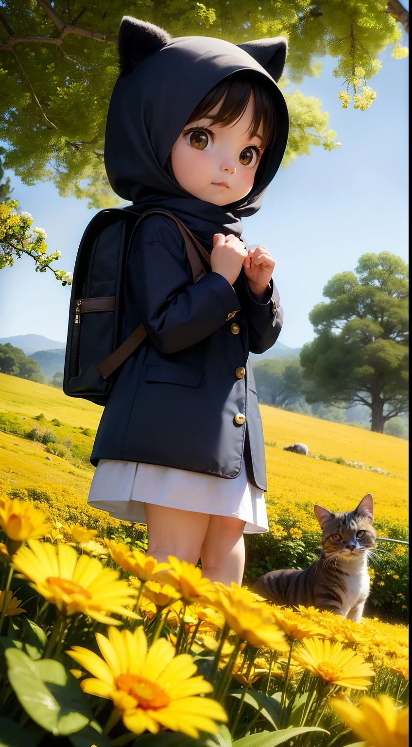 Prompt: An incredibly cute malay hijab girl carrying a backpack, accompanied by her adorable cat, enjoying a lovely spring outing surrounded by beautiful yellow flowers and natural scenery. The illustration is in high definition at 4k resolution, with highly-detailed facial features and cartoon-style visuals.