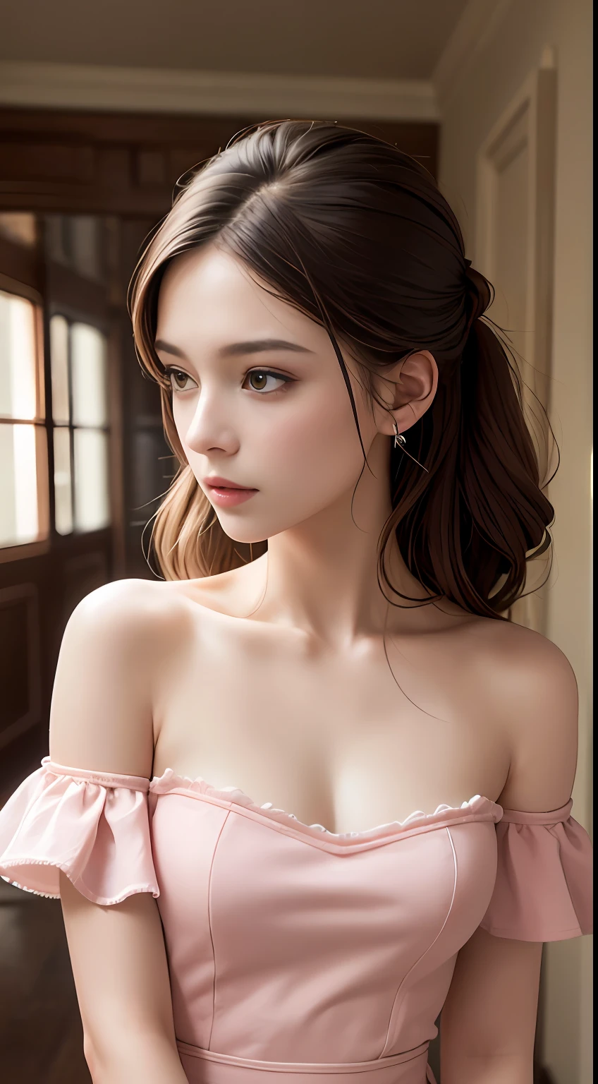 Best Quality, Masterpiece, Ultra High Resolution, (Realisticity: 1.4), Original Photo, 1girl, Pink Off-the-Shoulder, Cinematic Lighting