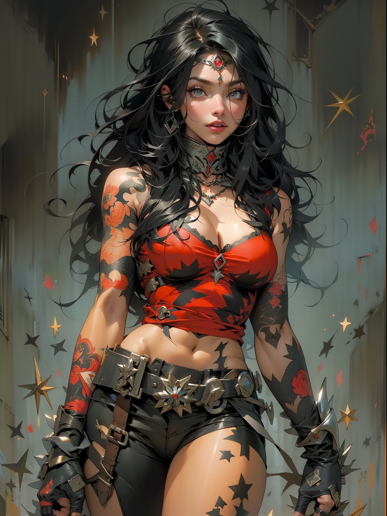 (((mulher))), (((melhor qualidade))), (((obra prima))), (((adulta))), Uma guerreira mulher de 35 anos com corpo perfeito, She-Lobo, (( under boobs )), quase nua no estilo selvagem urbano de Simon Bisley para a capa da revista Heavy Metal, cabelo loiro, Minimum clothing, armadura (vermelho escuro com estrelas brancas), cheio de pontas e rebites manchadas de tinta, tatuagem de estrelas de 5 pontas, (((corpo inteiro))), cabelo preto curto com franja branca cobrindo a testa