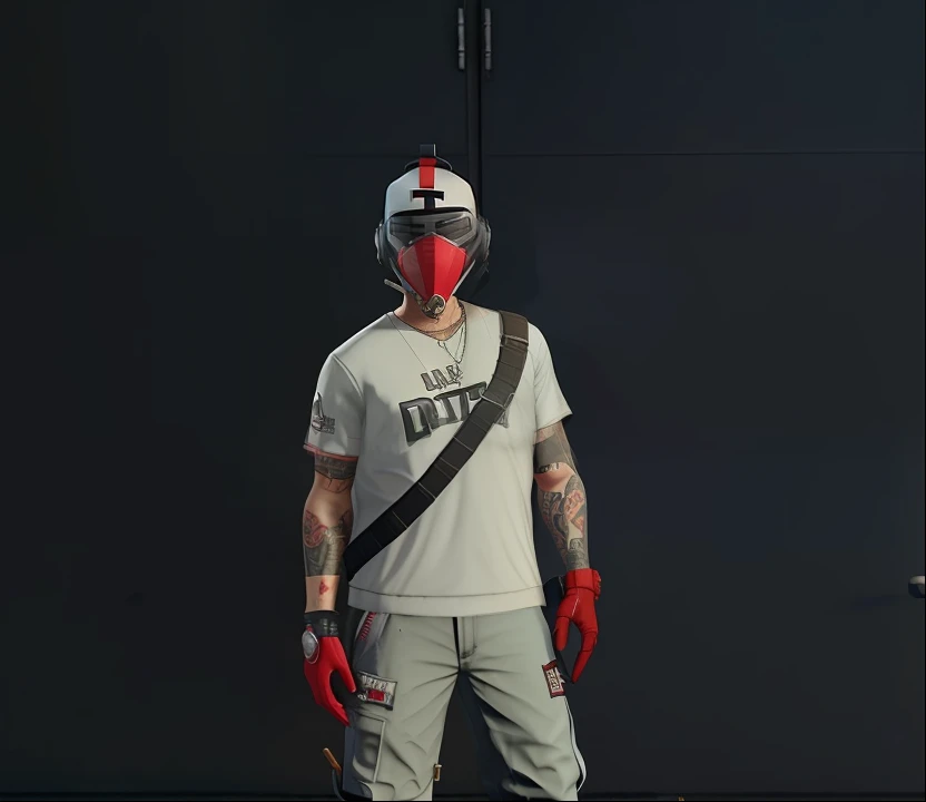 Homem de uniforme branco e capacete com nariz vermelho, gta personagem, gta v personagem, mechanic punk outfit, como um personagem de gtav, Como o protagonista de GTA 5, gta5 estilo, Estilo de GTA V, equipamento piloto, Cyberpunk Rua Goon, gta 5 tom de pele, wearing bandit mask, with prison clothing, gta 6 estilo