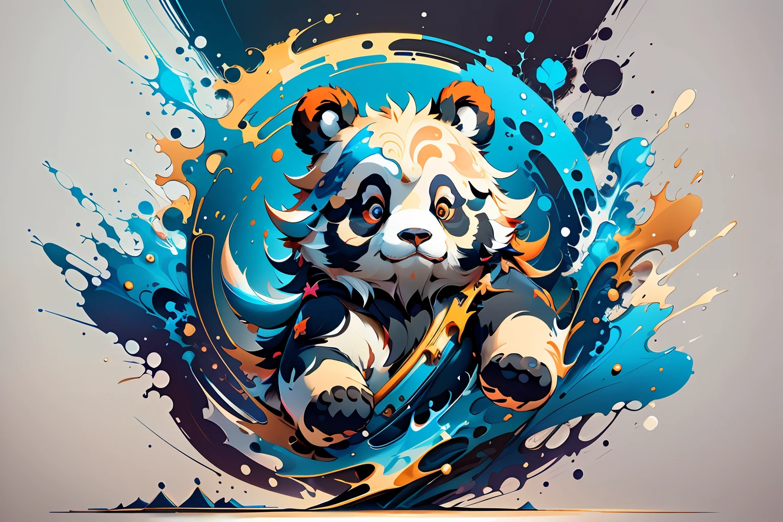 distorted art of a vibrantly colored cartoon panda face in the form of a futuristic shield with brush TECHNIQUE and splash effects