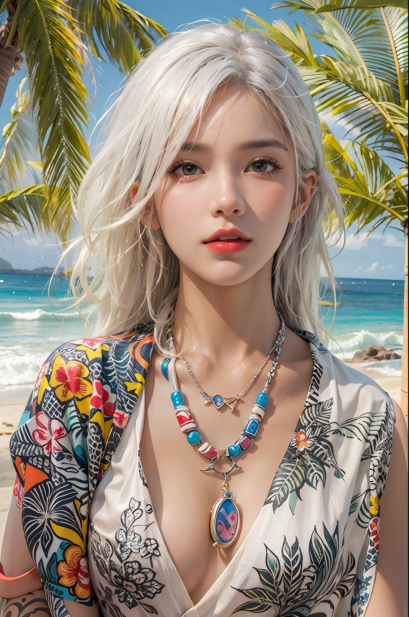 photorealistic, high resolution, 1women, solo, hips up, look at viewer, (detailed face), white hair, colorful summer wear, aloha shirt, tattoo, beach, jewelry