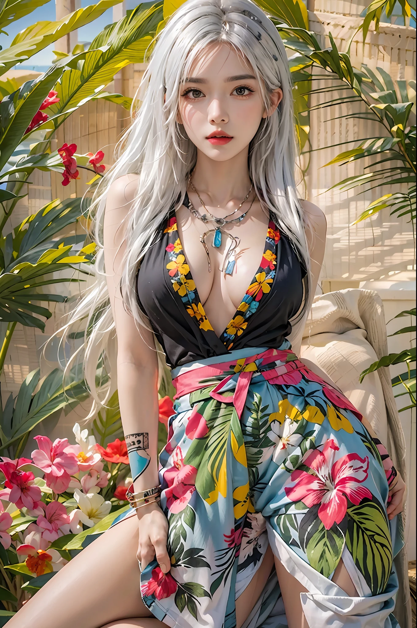 photorealistic, high resolution, 1women, solo, hips up, look at viewer, (detailed face), white hair, colorful summer wear, aloha shirt, tattoo, beach, jewelry