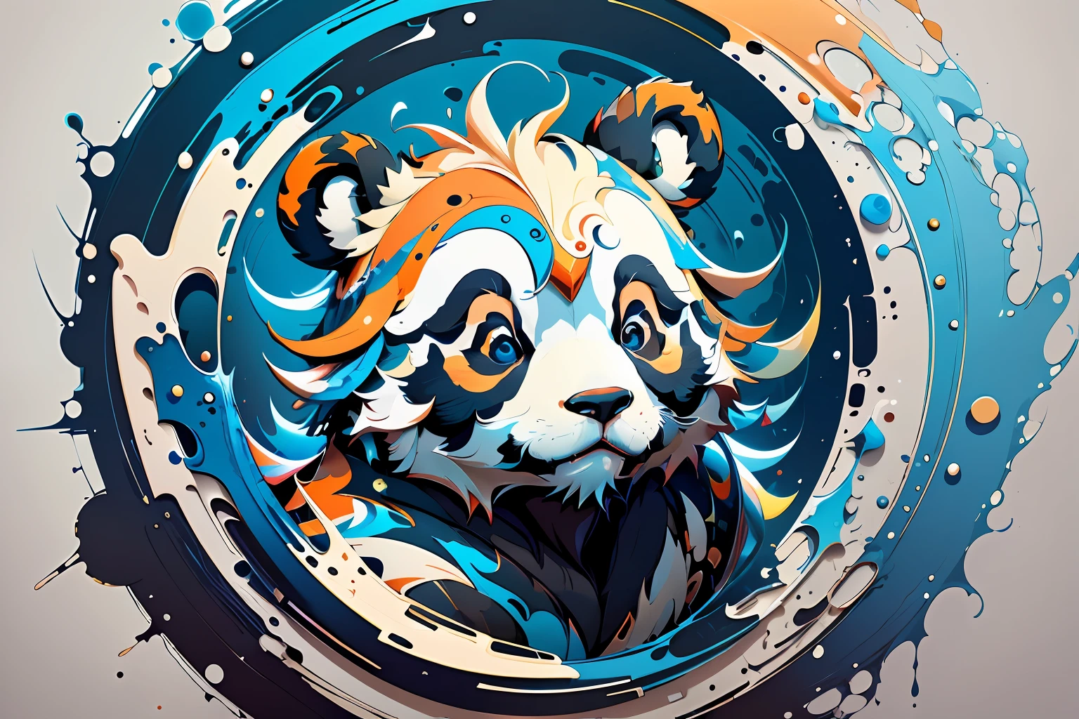 distorted art of a vibrantly colored cartoon panda face in the form of a futuristic shield with brush TECHNIQUE and splash effects