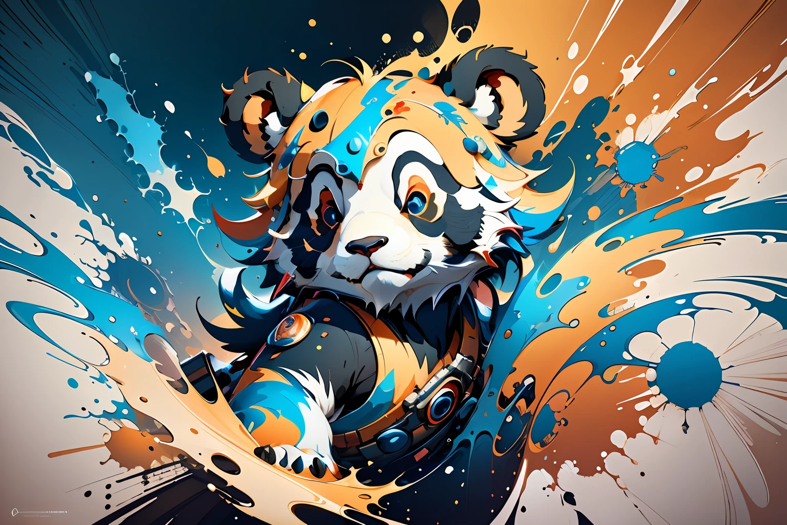 distorted art of a vibrantly colored cartoon panda face in the form of a futuristic shield with brush TECHNIQUE and splash effects