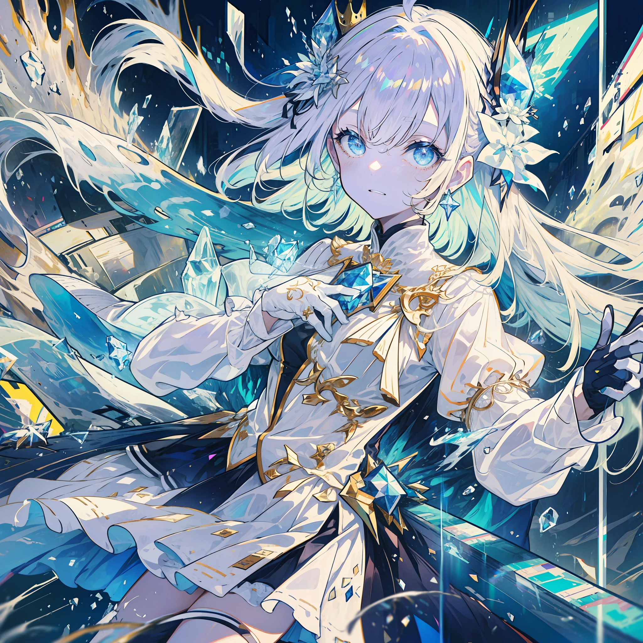 nffsw, retinas, masutepiece, ccurate, Anatomically correct, Super Detail, high details, High quality, awardwinning, Best Quality, hight resolution, 1080p, hard disk, 4K, 8K, 16 K, White long hair, light blue eyes shimmering, Ahoge, hand out, floating spike of ice in hand, ice crown, fluffy white dress, mini skirt frilly and short, sleeve lest, white elbow high gloves