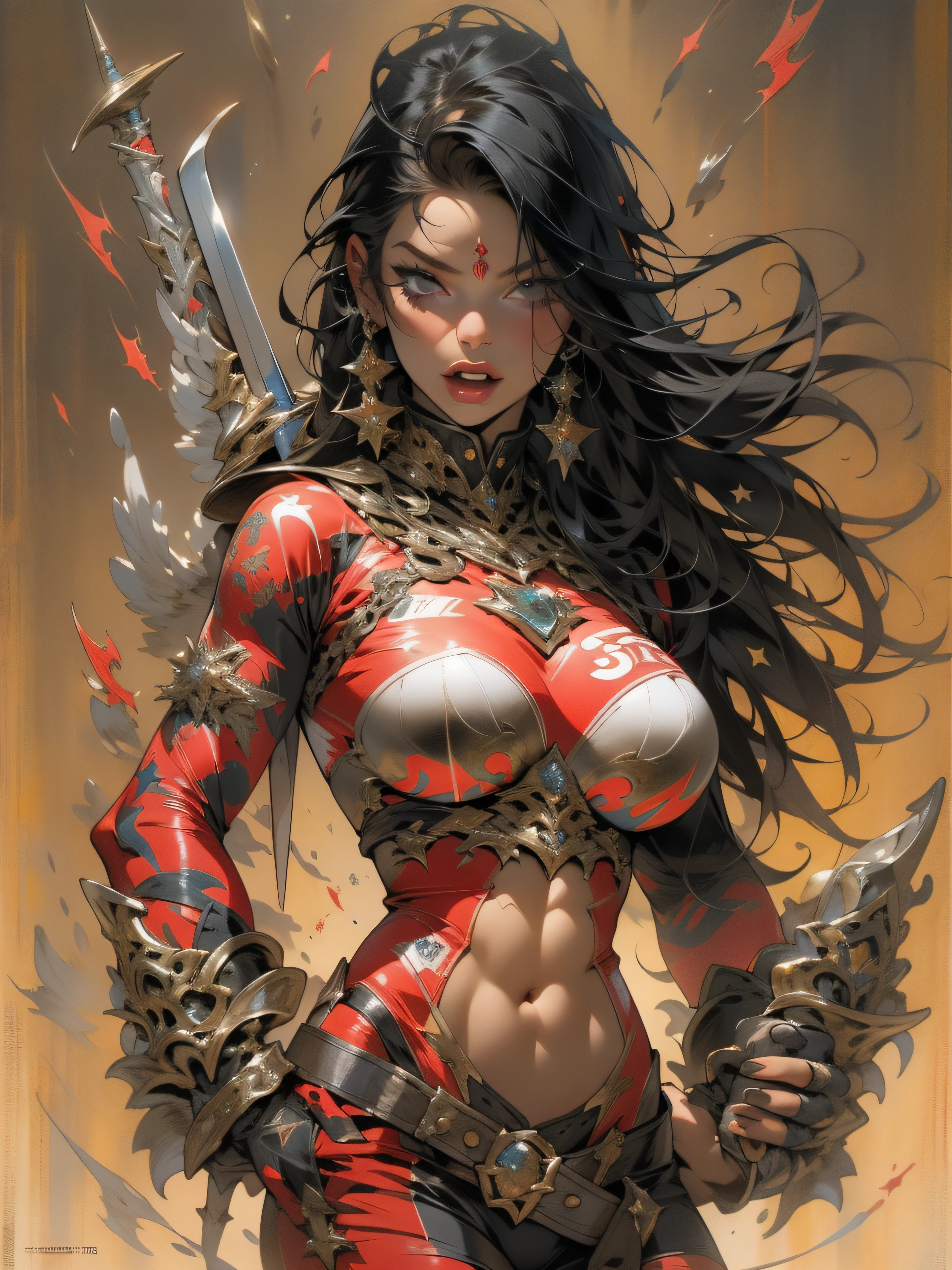 (((mulher))), (((melhor qualidade))), (((obra prima))), (((adulta))), Uma guerreira mulher de 35 anos com corpo perfeito, She-Lobo, (( under boobs )), quase nua no estilo selvagem urbano de Simon Bisley para a capa da revista Heavy Metal, cabelo loiro, Minimum clothing, armadura (vermelho escuro com estrelas brancas), cheio de pontas e rebites manchadas de tinta, tatuagem de estrelas de 5 pontas, (((corpo inteiro))), cabelo preto curto com franja branca cobrindo a testa