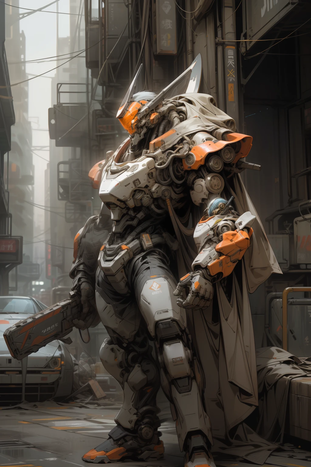 On the moon, barren planet, ruins, holding weapons, no humans, glowing, robot, building, glowing eyes, orange mech, science fiction, city, reality, mecha, galaxy background, full body, neon, cyber Punk, 8K wallpapers, ultra-detailed artwork, cinematic lighting, realistic photos, Dark_Fantasy, Cyberpunk, (chain saw, chain saw man, Red: 1.1), 1man, Mechanical marvel, Robotic presence, Cybernetic guardian, wearing a worn-out machine armor suit, intricate, (steel metal [rust]), elegant, sharp focus, photographed by greg rutkowski, soft lighting, vibrant colors, masterpiece, ((street)), cowboy shot, dynamic pose,