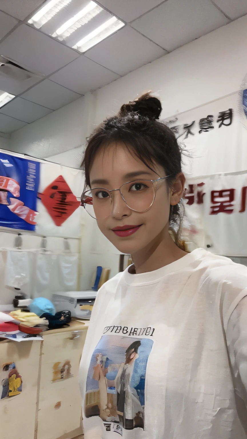 There was a woman standing in a room,in a white shirt