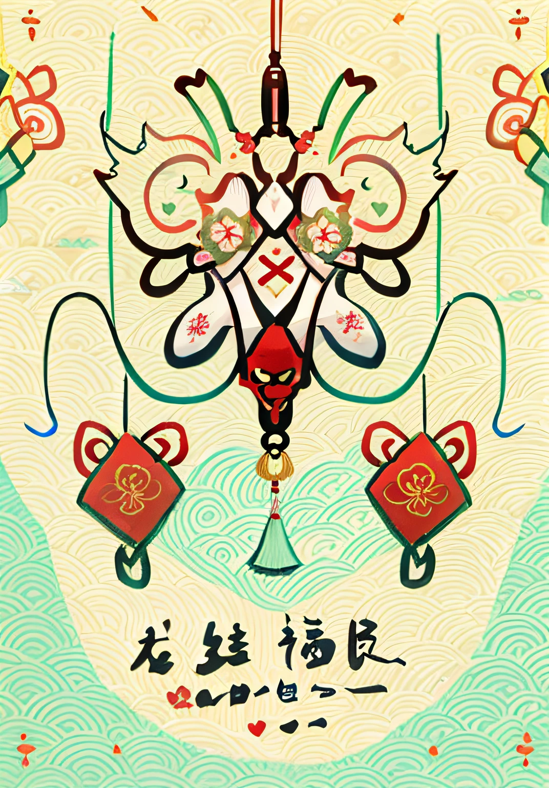 There is a drawing of a vase,There are flowers and hearts on it, UE5, Chinese style, Chinese Spring Festival, inspired by Shūbun Tenshō, Official artwork, Chinese traditional, inspired by Shunbaisai Hokuei, Chinese text, inspired by Park Hua