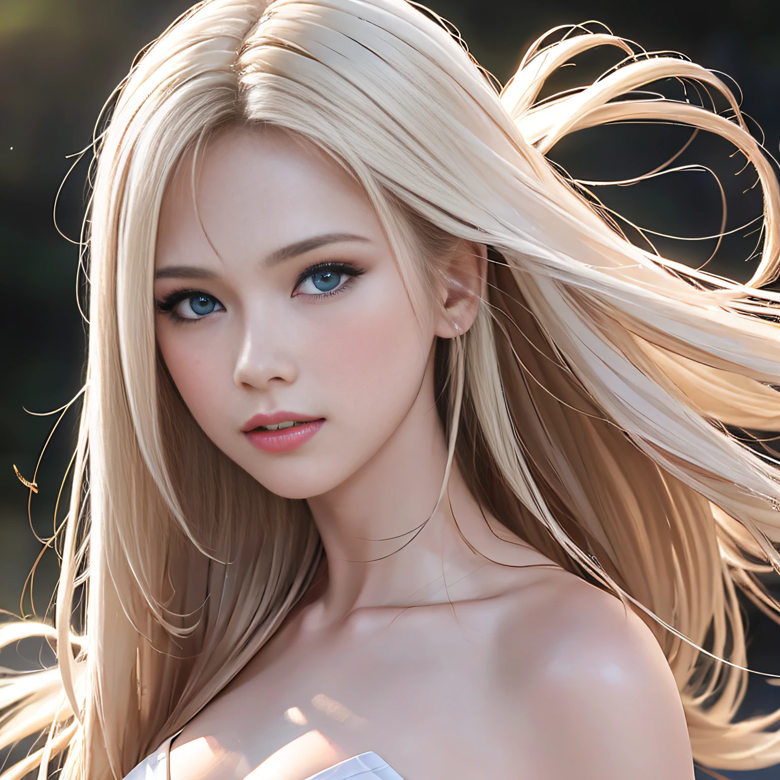 (8K, RAW Photos, of the highest quality, Masterpieces: 1.2), (Realistic, Photorealistic: 1.37), Highest Quality, Ultra High Resolution, light  leaks, Dynamic lighting, Slim and smooth skin, (Full body:1.3), (Soft Saturation: 1.6), (Fair skin: 1.2), (Glossy skin: 1.1), Oiled skin, 22 years old, Night, shiny white blonde, Well-formed, Hair fluttering in the wind, Close-up shot of face only, Physically Based Rendering, From multiple angles, maikurobikini