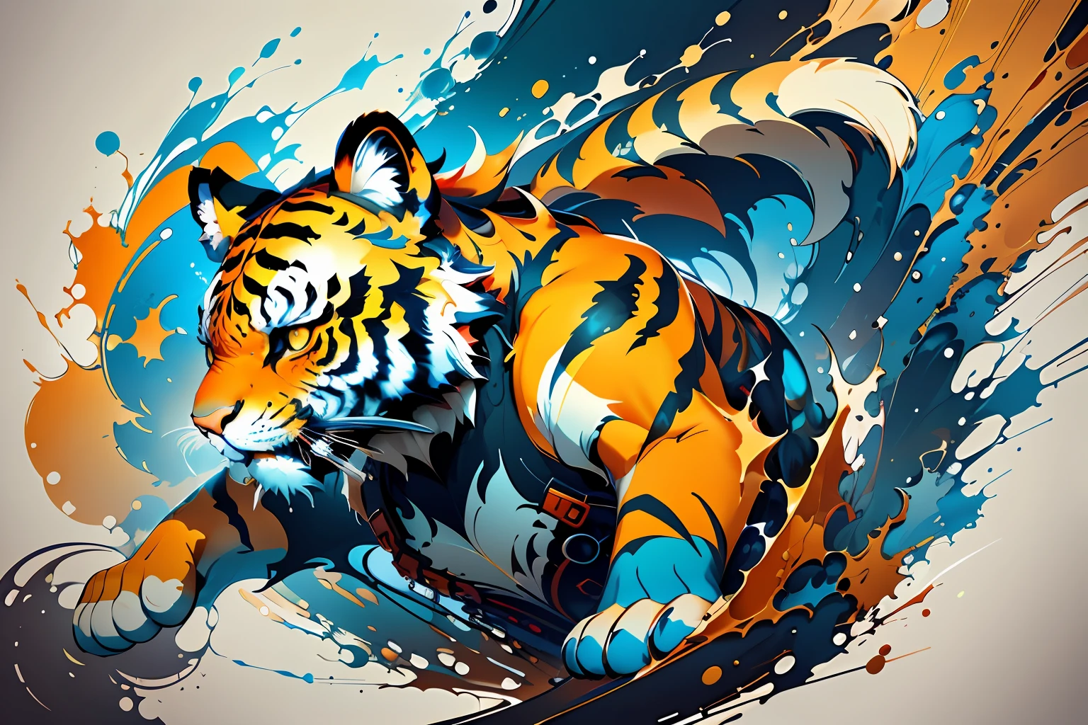 distorted art of a vibrantly colored cartoon tiger face in the form of a futuristic shield with brush TECHNIQUE and splash effects