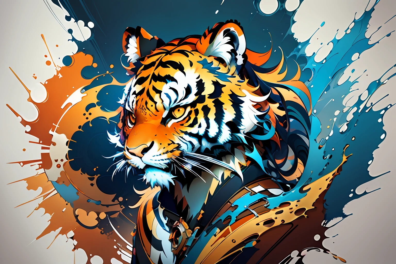 distorted art of a vibrantly colored cartoon tiger face in the form of a futuristic shield with brush TECHNIQUE and splash effects