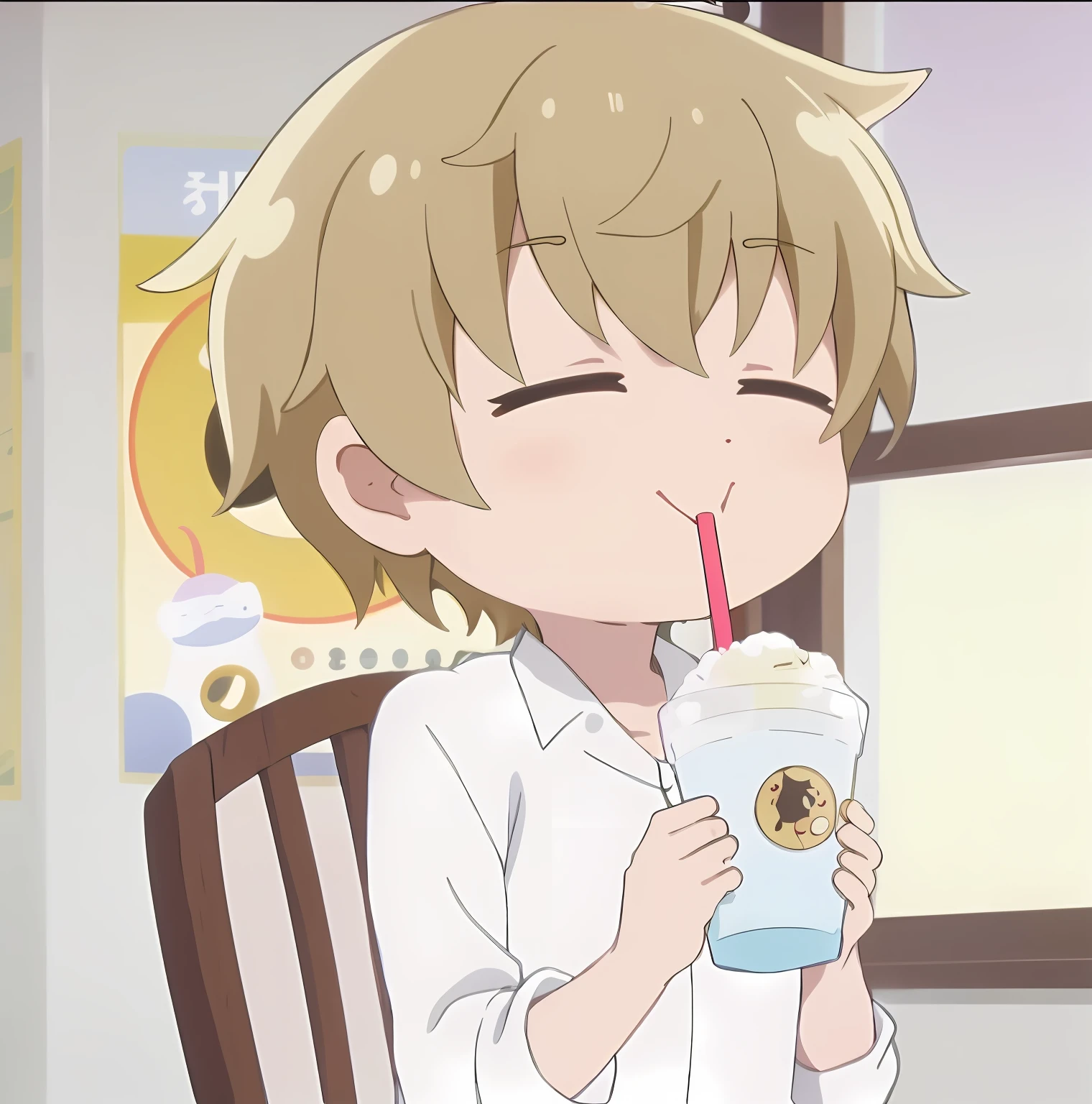 Anime characters drinking drinks with straws on chairs, ginko showing a new mushi, In the anime, anime still frame, shikamimi, Also, Today's featured anime stills, animated still, Anime moe art style, anime visual of a cute cat, as an anime character, still from tv anime, with a straw, in the anime film