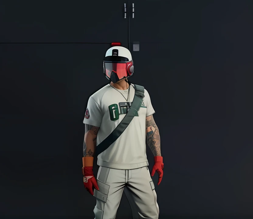 Arafed homem em um uniforme de beisebol e um capacete com um taco de beisebol, mechanic punk outfit, gta personagem, gta v personagem, como um personagem de gtav, Roupa cromada, Cyberpunk Rua Goon, gta v street style, Estilo de GTA V, gta 5 tom de pele, gta5 estilo, Como o protagonista de GTA 5, roupas futuristas e capacete