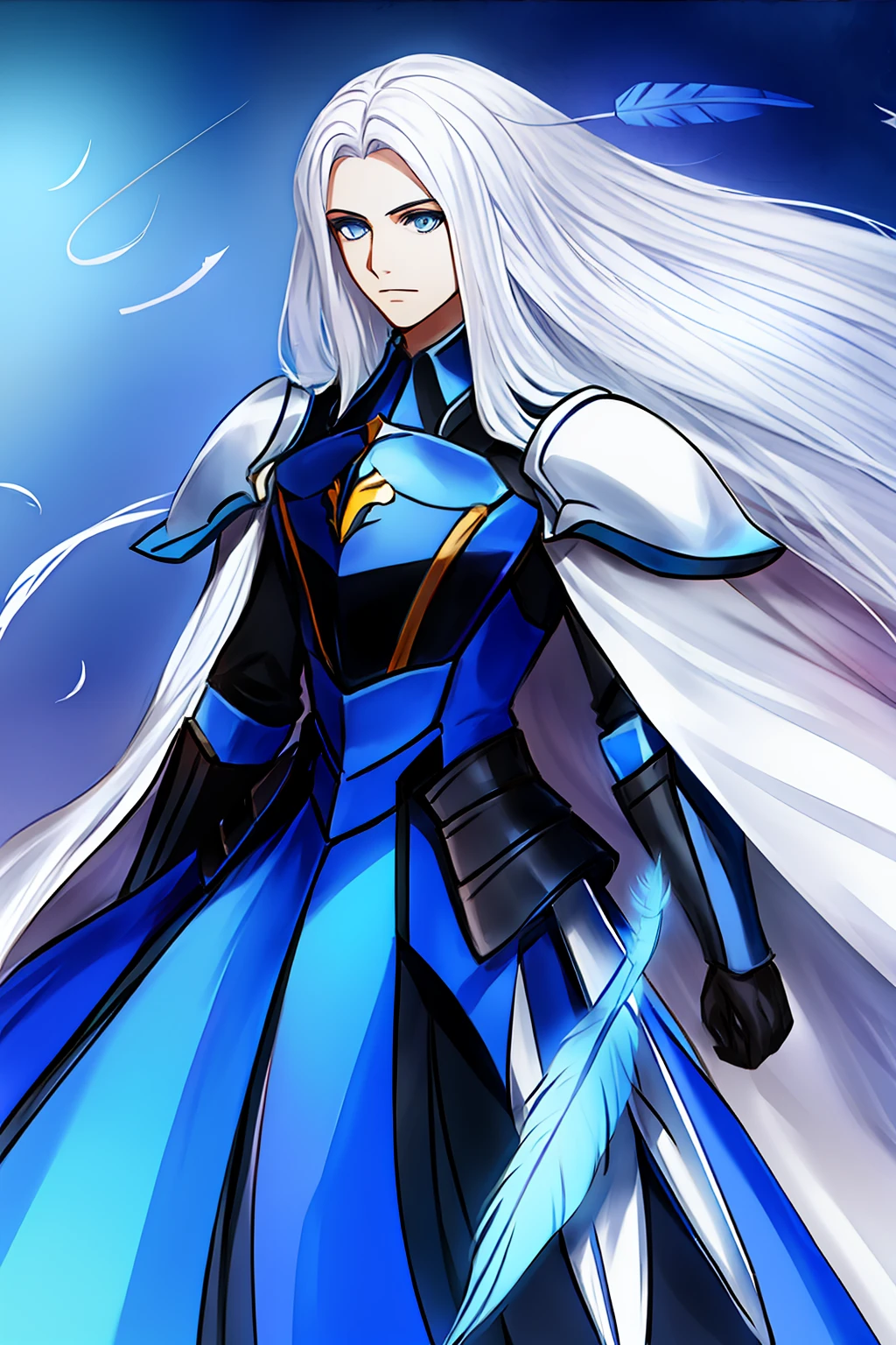 long  white hair，blue color eyes，armour，cavalier，Feathers surround，angelicales，holy，male people，Beauty，blue gem