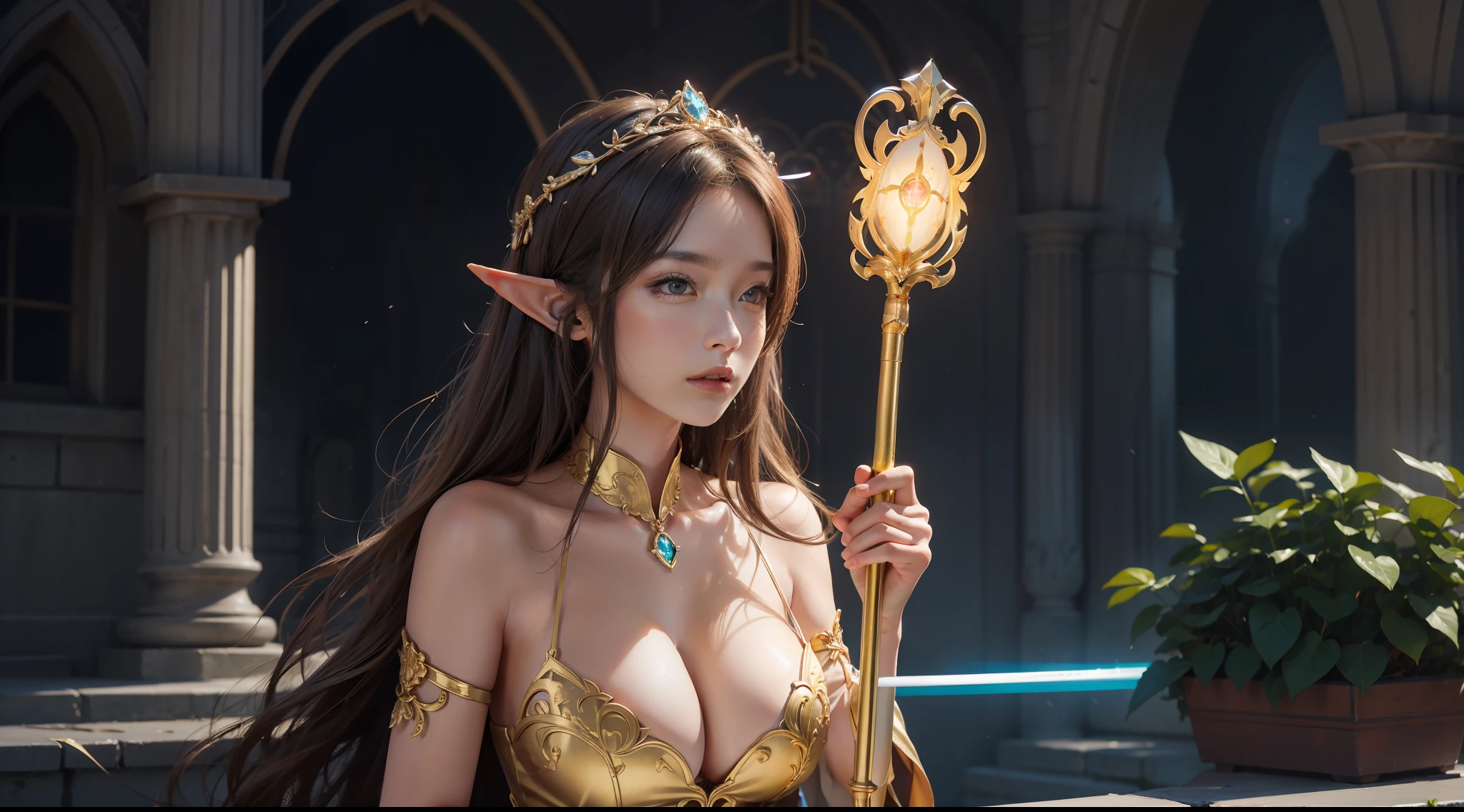 tmasterpiece,top-quality,best qualityer,offcial art,Beauty and aesthetics:1.2),(tmasterpiece:1.3), (8K, realisticlying, RAW photos, best qualtiy: 1.4), beauitful face, (photorealiscic face),超高分辨率, Ultra photo realsisim, highly detailed, the golden ratio, (Award-winning digital artwork:1.3) af (sketching:1.3),(with dynamism:1.3),(Saturation:1.3),(Close portrait:1.3),illusory engine, (High detail: 1.9),(femele:1.4),(big breasts beautiful: 1.4),(carismatic:1.3),Huge ruins,speleothems,the night,Female elf,half-body shots,Large breasts,(Close portrait:1.3),illusory engine, (High detail: 1.9),volumettic light,(((Glowing scepter)))