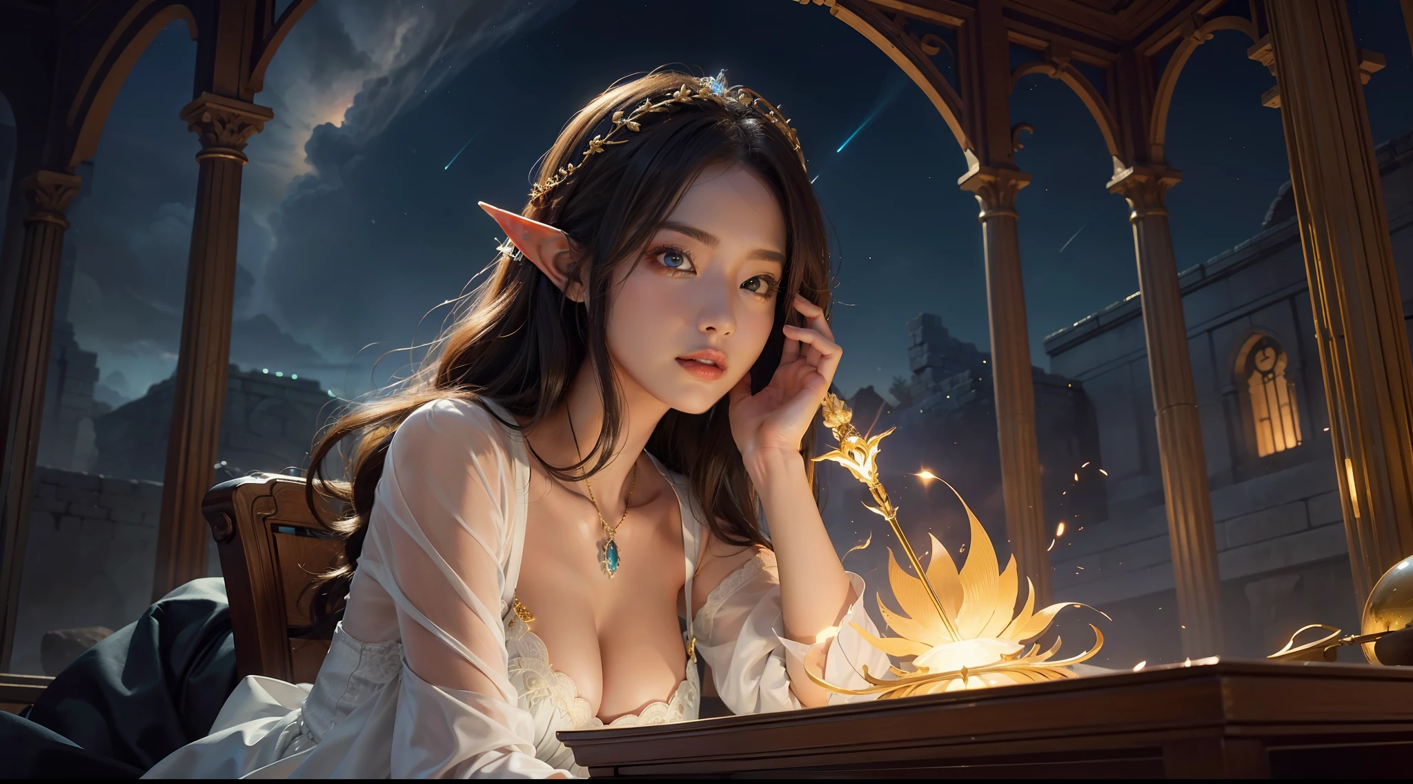 tmasterpiece,top-quality,best qualityer,offcial art,Beauty and aesthetics:1.2),(tmasterpiece:1.3), (8K, realisticlying, RAW photos, best qualtiy: 1.4), beauitful face, (photorealiscic face),超高分辨率, Ultra photo realsisim, highly detailed, the golden ratio, (Award-winning digital artwork:1.3) af (sketching:1.3),(with dynamism:1.3),(Saturation:1.3),(Close portrait:1.3),illusory engine, (High detail: 1.9),(femele:1.4),(big breasts beautiful: 1.4),(carismatic:1.3),Huge ruins,speleothems,the night,Female elf,half-body shots,Large breasts,(Close portrait:1.3),illusory engine, (High detail: 1.9),volumettic light,(((Glowing scepter)))