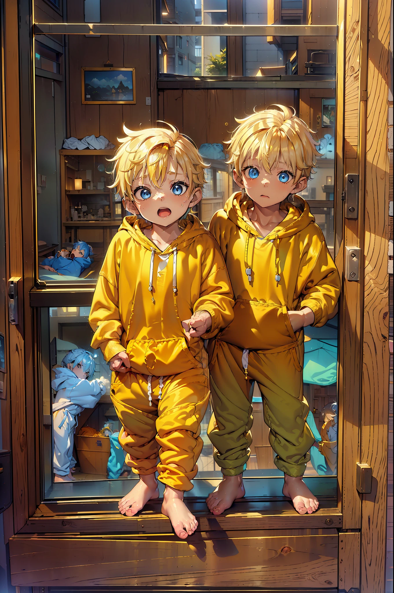 2  with golden colored hair and shiny, glowing blue eyes and barefoot and small feet, who wear a yellow oversized hoodie and sweatpants, die auf einem Fenstersims sitzen, flush, Jung, Junge, Kind, klein, Kleinkind, tiny feet, (Jogginghose:1.4), (Jung:1.4), (Kind:1.4), (Shota:1.4), (Kapuzenpullover:1.4),