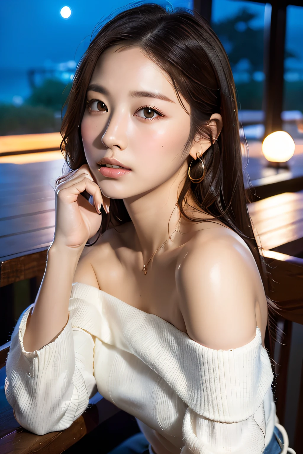 (masterpiece:1.3), high resolution, ultra detailed, extremely detailed CG unity 8k wallpaper, realistic, photo-realistic, RAW photo, beautiful detailed face, pale skin, realistic glistening skin, detailed cloth texture, detailed hair texture, Perfect Style, Beautiful Face, accurate, Anatomically correct, Highly detailed face and skin texture, natural neck length
BREAK
Detailed eyes, symmetric eyes, Brown eyes, Double eyelids, Thin eyebrows, (Sexy Lips:1.3), (A face with waiting for a kiss:1.2), (full-face blush:1.2)
BREAK, 
((Innocent and Cute girl:1.3)), ((wearing a off-shoulder White blouse:1.4)), (beautiful clavicle), (Gold buckle belt), (skinny jeans:1.2), (cross strap high heels:1.2), (necklace, bracelet), (Thin hoop earrings), (pinky ring), (beautiful blue nails:1.2), 
Layered Hairstyle, (brown hair:1.2), (wavy hair:1.2), medium long hair, (large breasts, firm breast, nicely shaped breasts:1.1),
BREAK, 
((Sitting with gently lifted her chin:1.4)), ((looking sideway at viewer:1.2)), 
((Close up shot:1.2)), (Focus on mouth:1.2), (from side:1.2), (in an outdoor stylish beachside terrace), ((A view of The night sky filled with a large full moon shining brightly:1.3)),