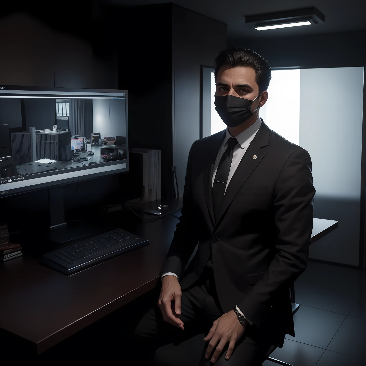 Um agente do Gabinete de Anomalias, sitting in his office wearing a black suit, looking at a surveillance monitor watching the cameras get safe, The door next door is transparent giving to see dark corridor next to