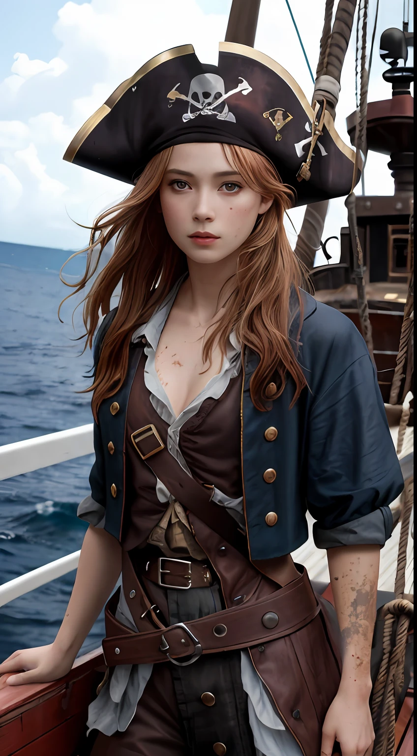 Dramatic lighting, Highest quality, film movie still, (Charming Anne Bonny, Dressed in dirty tattered pirate costumes, Stand on the deck of a pirate ship docked in a Caribbean port), grimy, Dark atmosphere, Toned body, (ripped clothing:0.8), Perfect face, view the viewer, (Detailed skin), [Tattoos], [freckle], ((Dirty)), (muddy), (dark cloude:0.7), (Stormy weather:0.5), Dull, Natural lighting, (direct light:0.4), 8mm film grain, photographed on a Sony a9 II, 24mm lens, f/2.8 aperture, Deep focus, (primitive), 8K, (Stills from《The Lost Pirate Kingdom》)