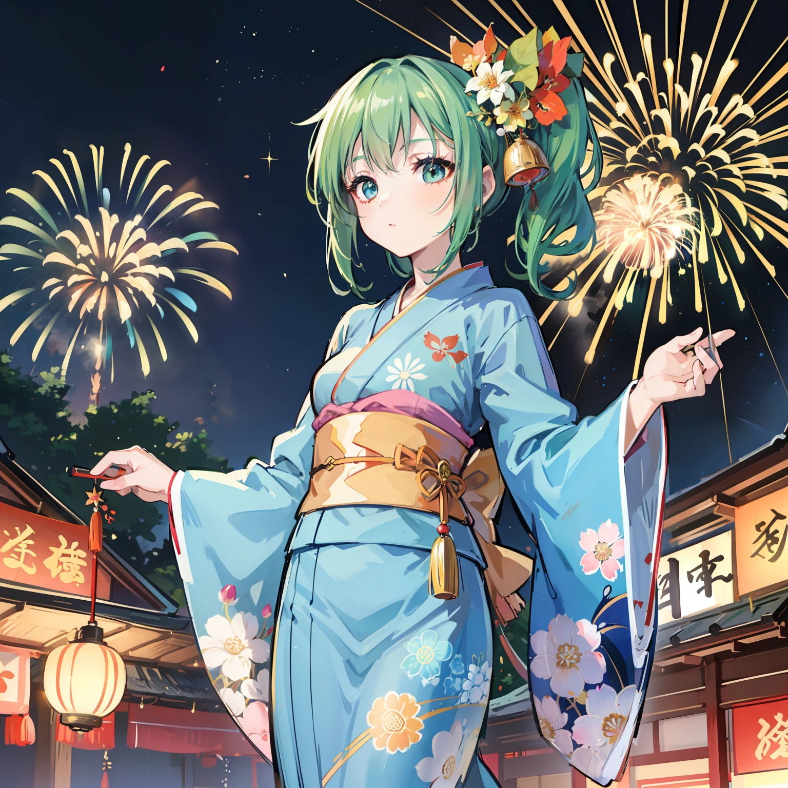 The Great Fairy in Kimono、 masutepiece, Fine detail, 4K, 8K, 12K, Solo, Alone, Beautiful Girl, caucasian female, Green hair、Side tail、Blue yukata、 Yukata, Kimono, Summer festival, Night, Fireworks、Being in the water、A lot of goldfish