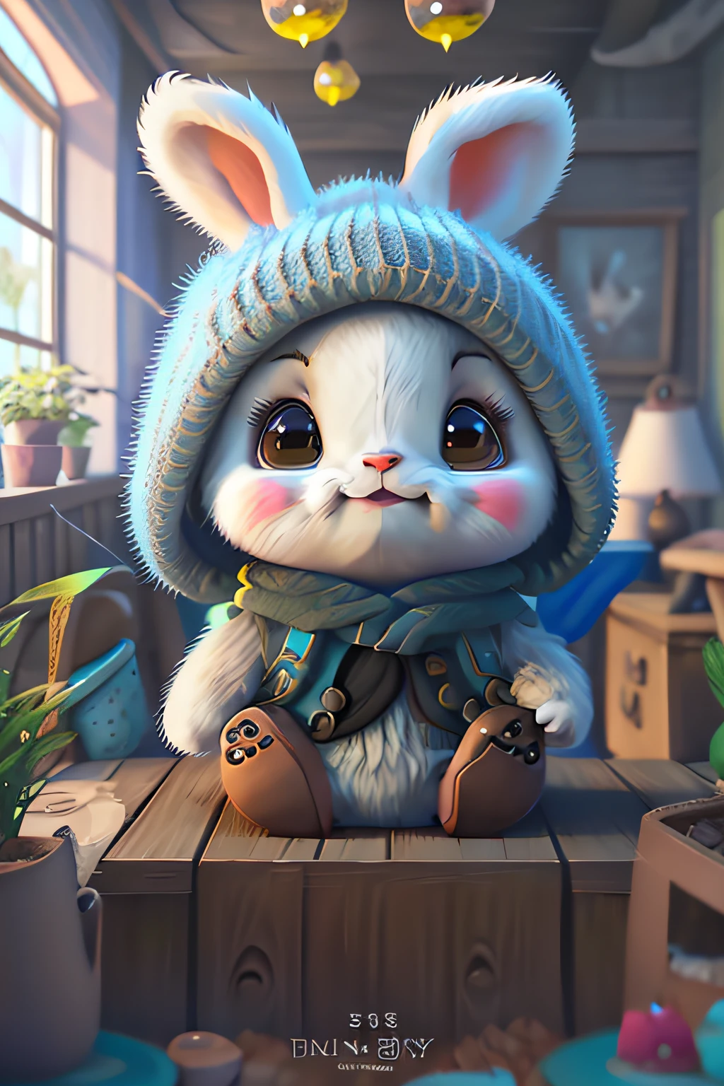 The cute little bunny waved and smiled in greeting me, illusory engine, cozy indoor lighting, Art Station, Detailed digital painting, Cinematic, character design:Mark Reiden、Pixar and Hayao Miyazaki, Unreal 5, daz, Ultra photo realsisim, rendering by octane