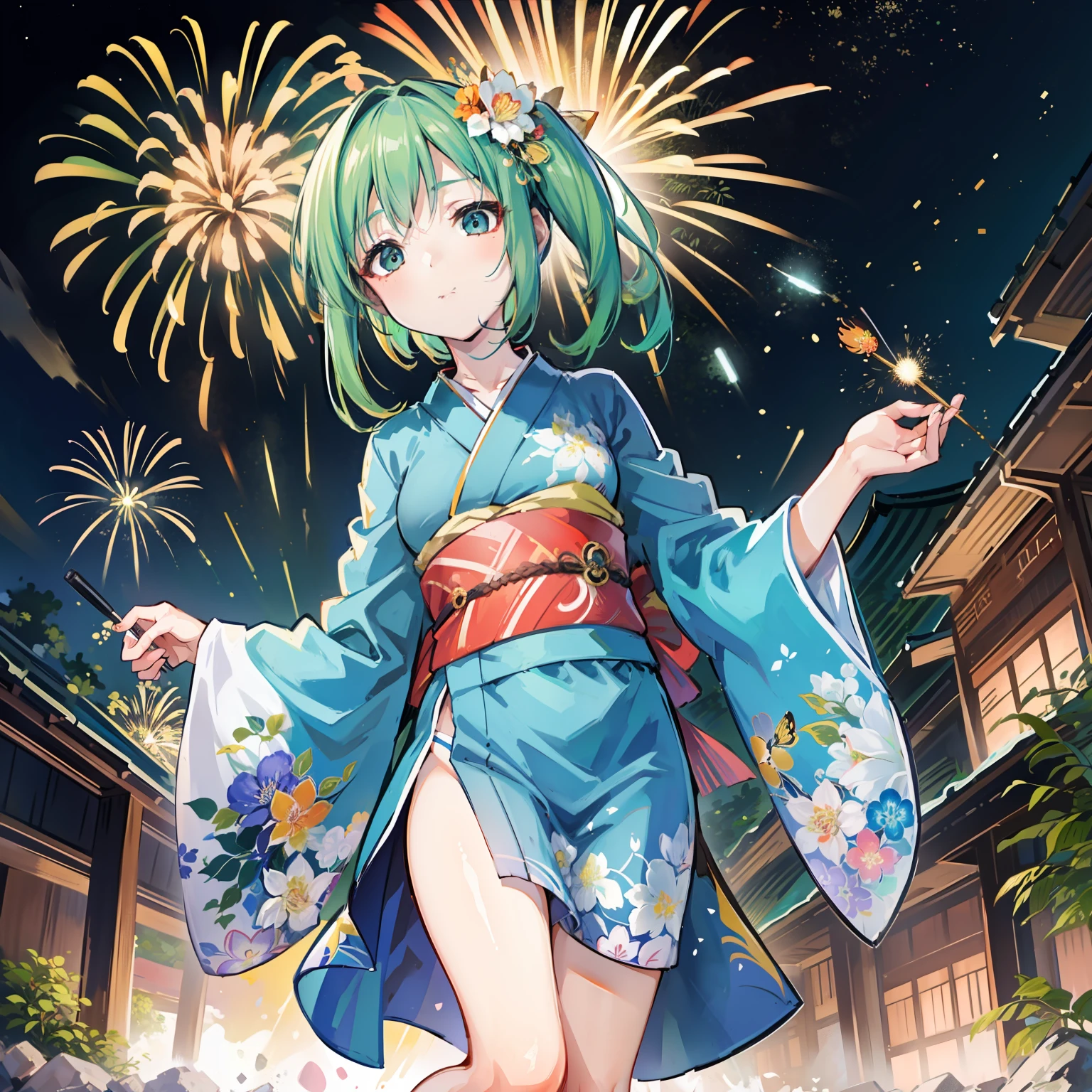 The Great Fairy in Kimono、 masutepiece, Fine detail, 4K, 8K, 12K, Solo, Alone, Beautiful Girl, caucasian female, Green hair、Side tail、Blue yukata、 Yukata, Kimono, Summer festival, Night, Fireworks、Being in the water、A lot of goldfish