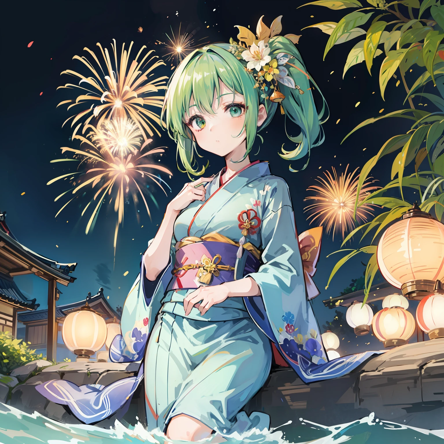 The Great Fairy in Kimono、 masutepiece, Fine detail, 4K, 8K, 12K, Solo, Alone, Beautiful Girl, caucasian female, Green hair、Side tail、Blue yukata、 Yukata, Kimono, Summer festival, Night, Fireworks、Being in the water、A lot of goldfish