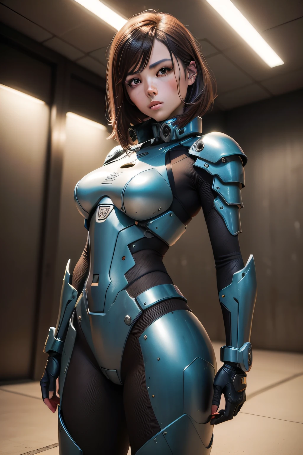 ((Mejor calidad)), ((obra maestra)), (muy detallado: 1.3), realista, 3D, Beautiful woman with Japanese face, ojos marrones, short brown hair, vestida con un traje de piloto de mecha cuerpo entero, hecho en tela color azul ceniza, lleva guantes de cuero marron y botas militares negras, She is in a military installation, Modern with good lighting (great ligthing), las paredes son de metal y hay un Mecha militar ultra moderno, apagado de color azul opaco, with some dents and scratches in its armor (Realistic metallic effect) en el fondo.