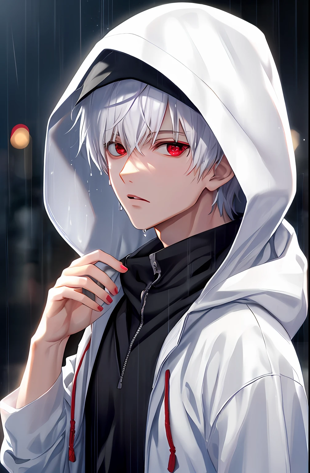 kk, best quality, more details, masterpiece, 1boy, kaneki ken, portrait, male focus, red eyes, solo, bangs, looking at viewer, hood, short hair, rain, tokyo tokyo \(city\), hood up, nail polish, white hair, luxurious, 8k, detailed, ray tracing, depth of field, cinematic lighting,