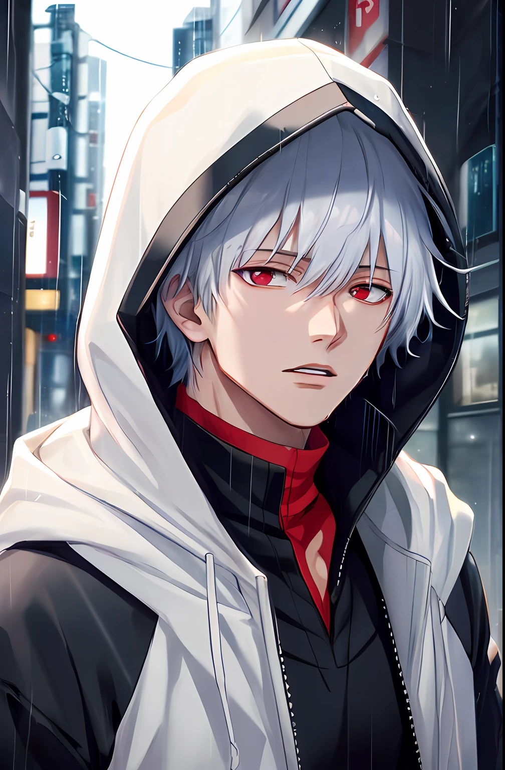 kk, best quality, more details, masterpiece, 1boy, kaneki ken, portrait, male focus, red eyes, solo, bangs, looking at viewer, hood, short hair, rain, tokyo tokyo \(city\), hood up, nail polish, white hair, luxurious, 8k, detailed, ray tracing, depth of field, cinematic lighting,