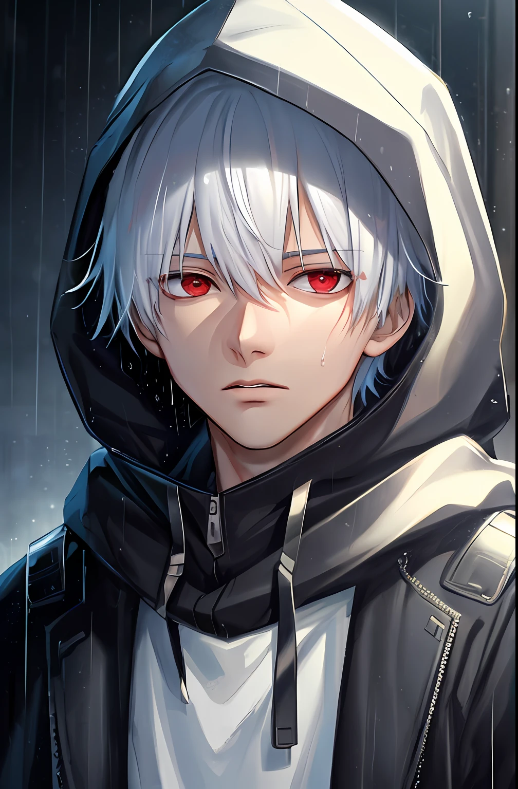 kk, best quality, more details, masterpiece, 1boy, kaneki ken, portrait, male focus, red eyes, solo, bangs, looking at viewer, hood, short hair, rain, tokyo tokyo \(city\),  hood up, nail polish, white hair, luxurious, 8k, detailed, ray tracing, depth of field, cinematic lighting,
