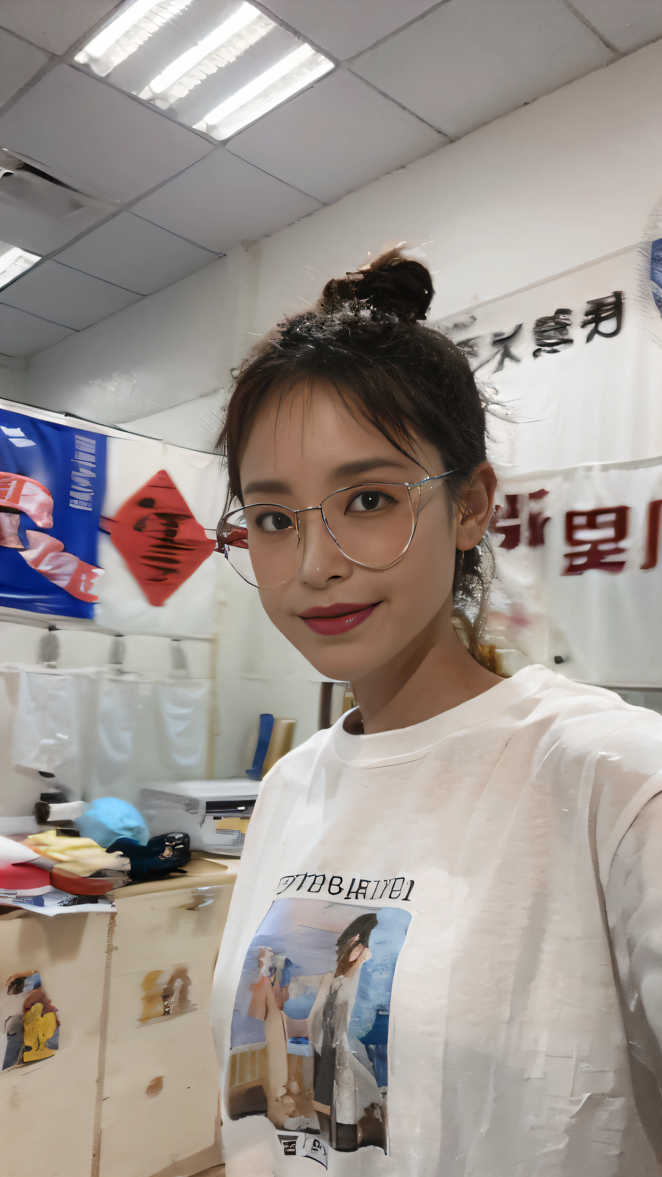 There was a woman standing in a room,in a white shirt