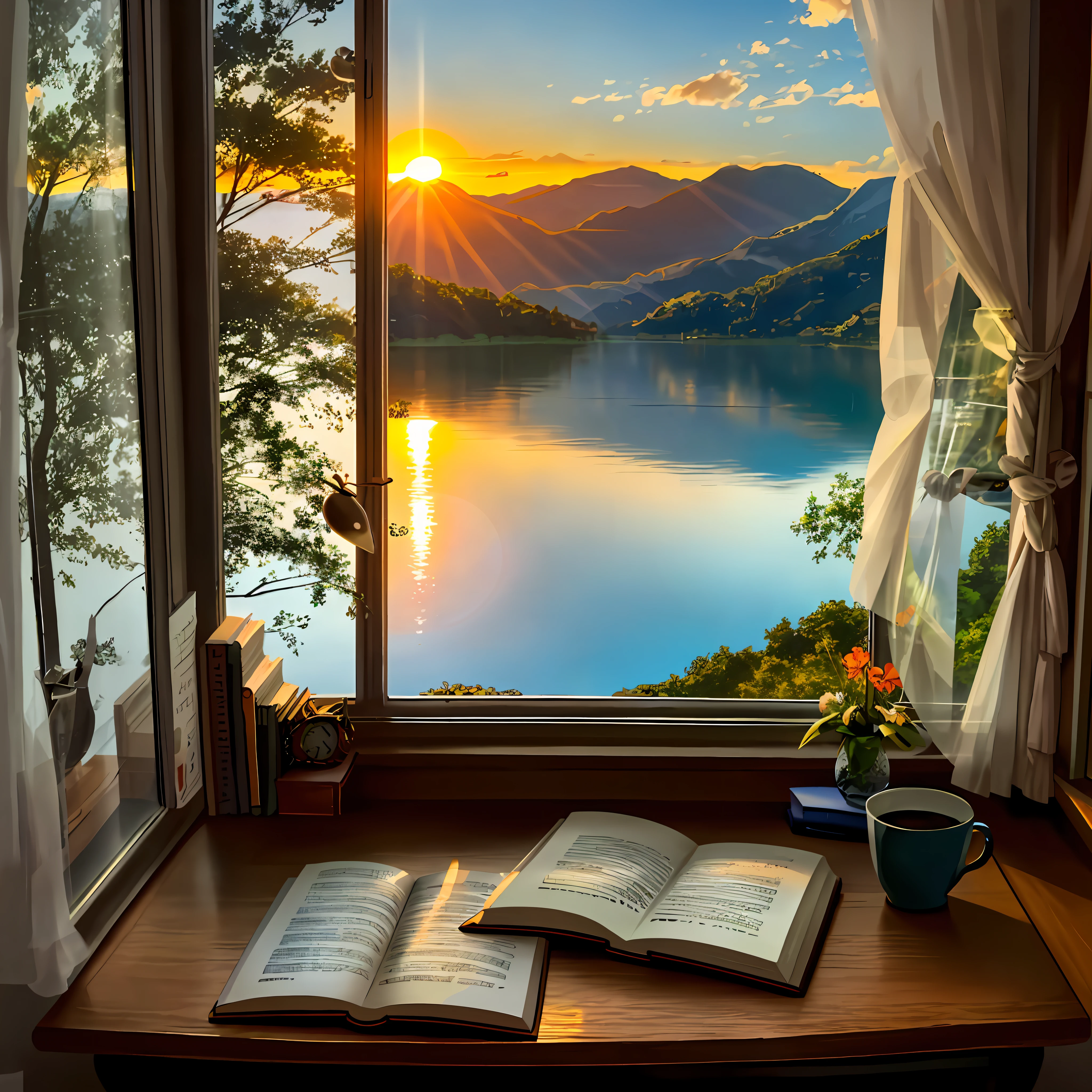 Study desk,book,windowsill,the setting sun,lake water
