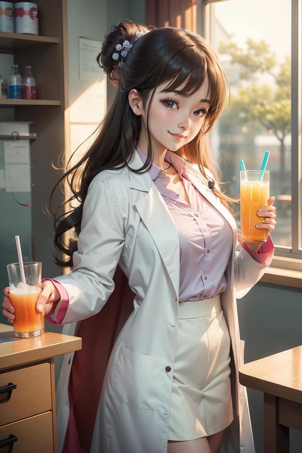 Anime girl smiling and holding up glass of juice, anime girl drinks energy drink, with white coat, wearing lab coat and a blouse, holding a drink, wearing a lab coat, working in her science lab, wearing lab coat, wearing lab coat, marin kitagawa fanart, ( woman samurai ) girl, soda themed girl, In an anime style